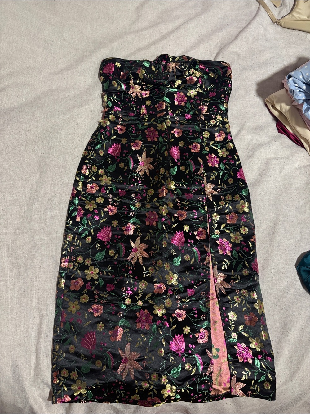 Lulu's Black Strapless Floral Satin Dress with Pink and Gold Accents